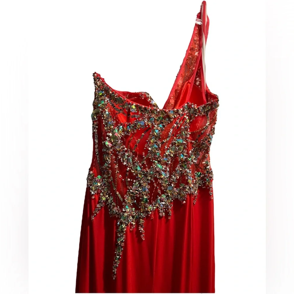 JVN by Jovani 91220 Coral Long Fitted Sheer One Shoulder Gown, Size 6 - Picture 7 of 8
